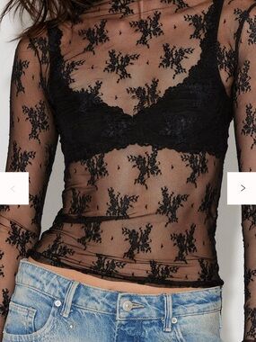 Free People Black Sheer Floral Lace Long Sleeve Top